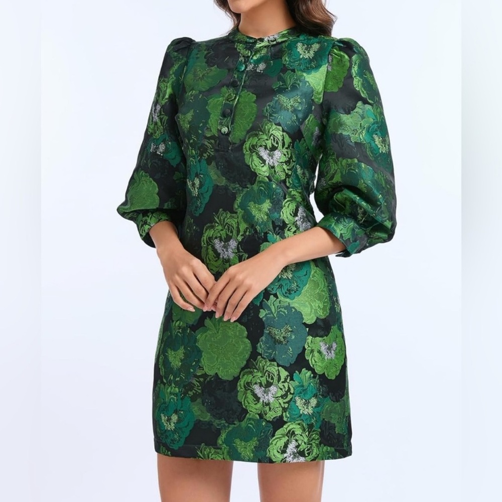 Chic jacquard elegant Green Floral Long Sleeve Dress New | Size M - Picture 1 of 5